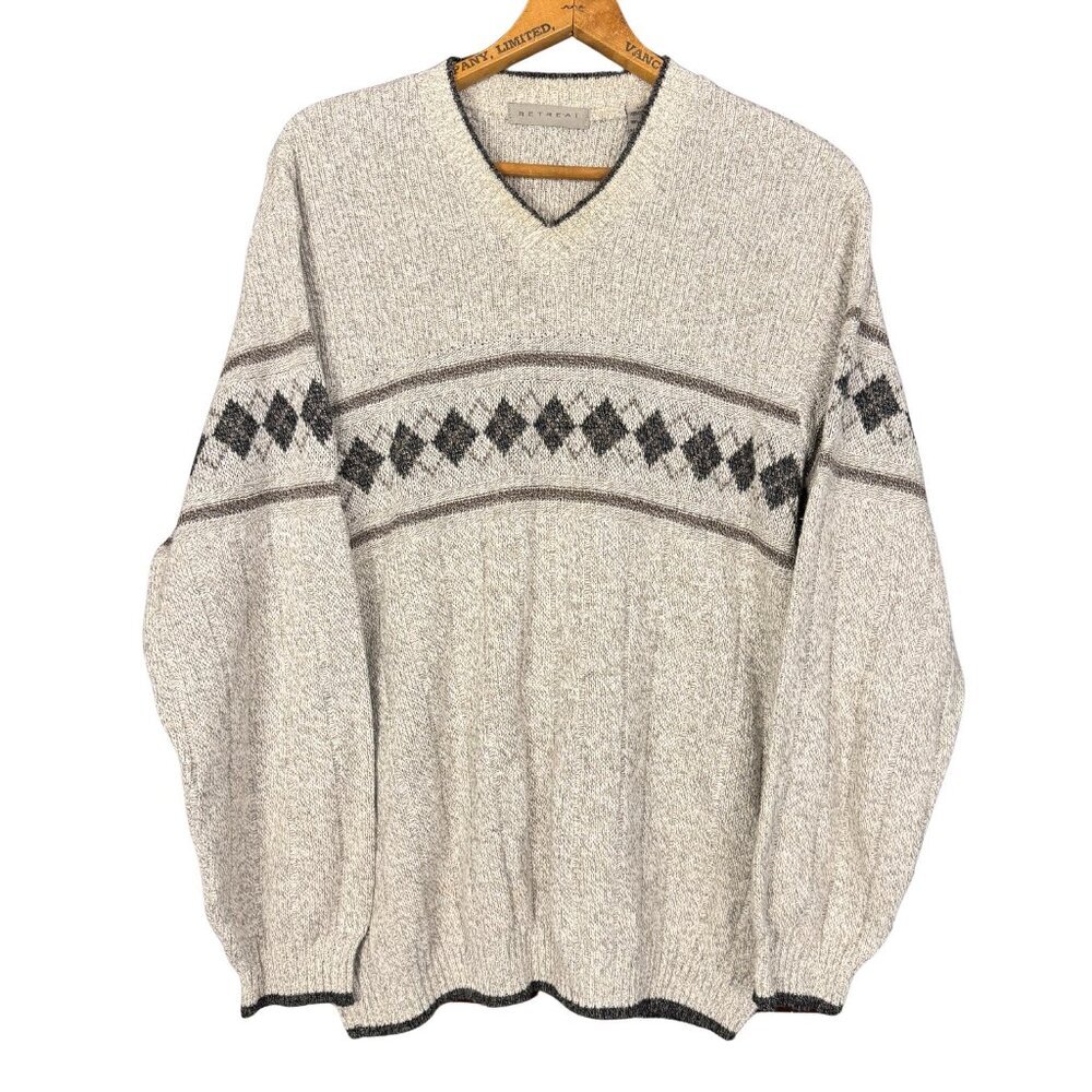 Vintage 90s Neutral Argyle Grandpa Sweater Large, Cabincore Normcore Knit